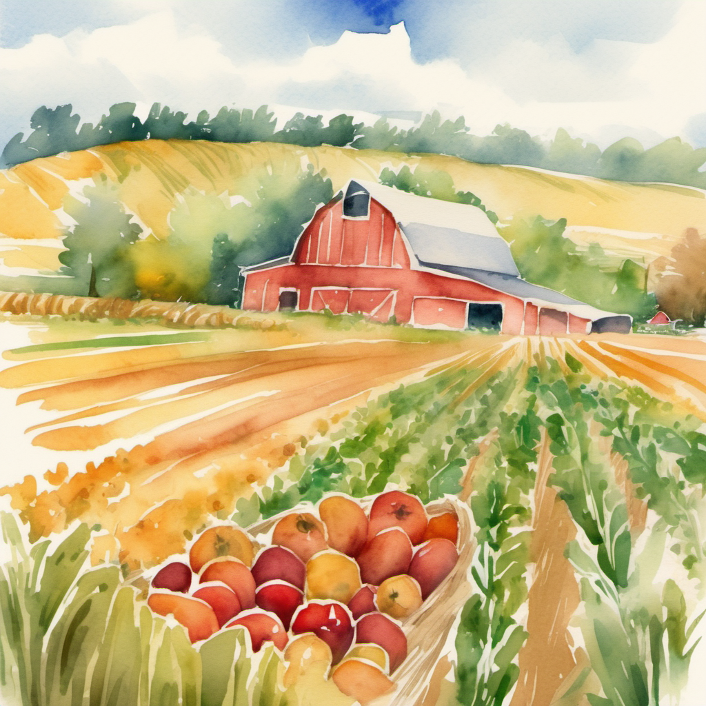 /envision prompt: Depict a bountiful summer harvest in watercolor. Illustrate fields of crops ready for harvesting, with a vintage barn in the background, capturing the spirit of rural life. --v 5 --stylize 1000