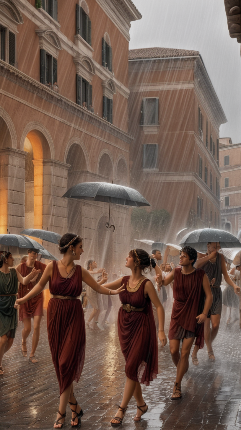 in ancient rome, people dance in the street under the rain