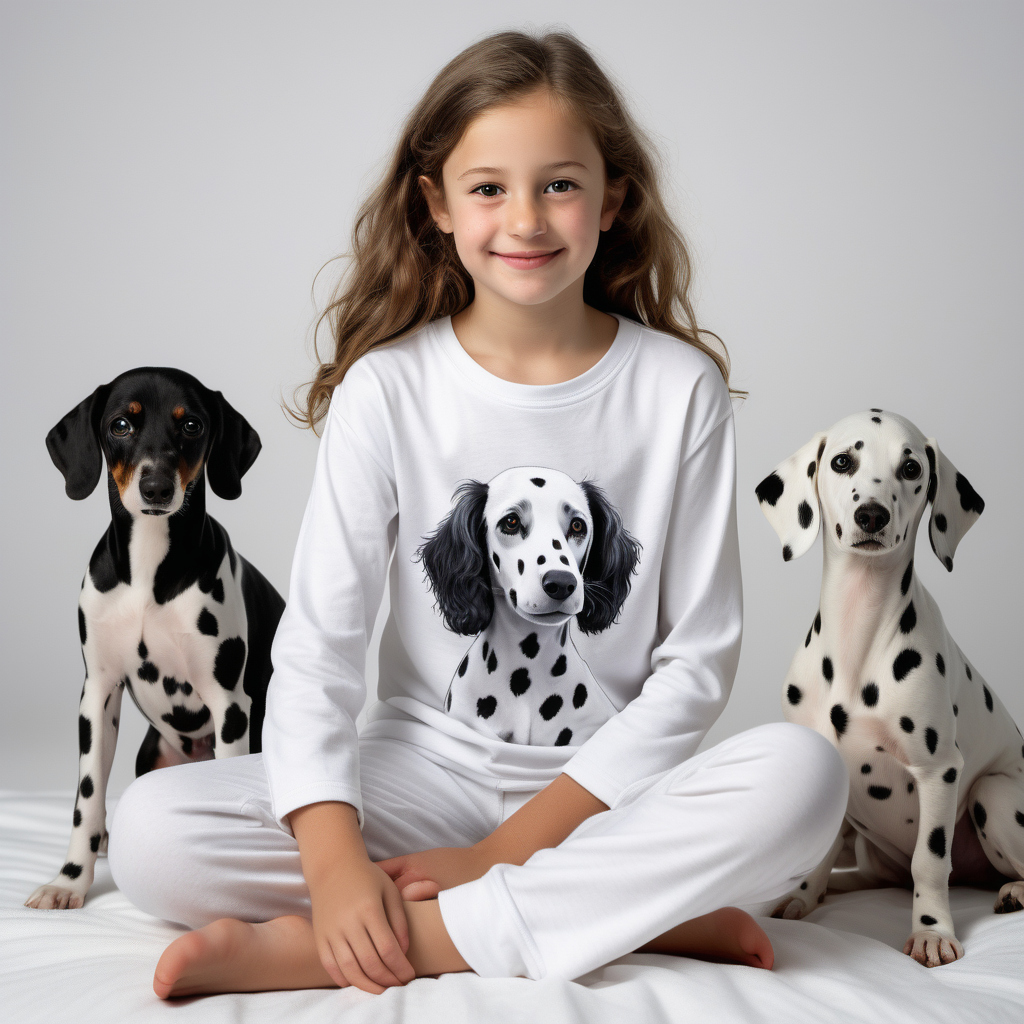 “Perfect Facial Features photo of a 10 year old girl sitting in  white cotton tshirt pyjama (no print, long  tight cuff sleeves, loose long pants), surrounded by dogs ( dalmetion, poodle, weinerdog, , no background, hyper realistic, ideal face template, HD, happy, Fujifilm X-T3, 1/1250sec at f/2.8, ISO 160, 84mm”