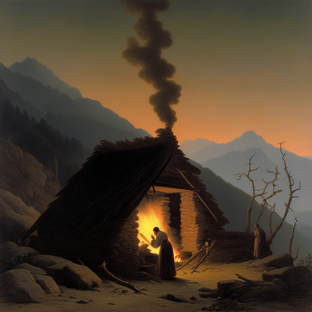 A small fire in front of a hut