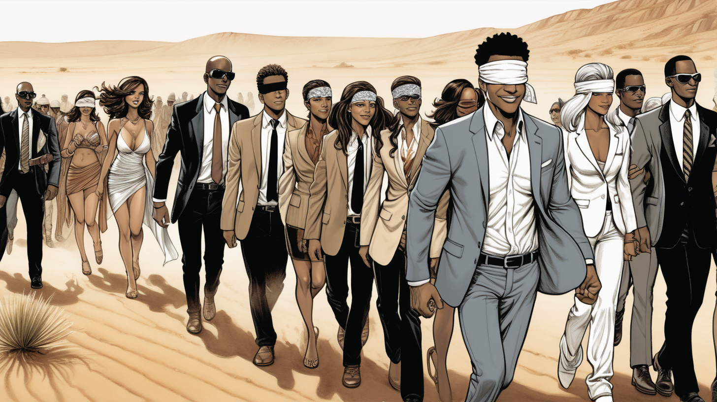 a blindfolded man with a smile leading a group of gorgeous and ethereal white and black mixed men & women with earthy skin, walking in a desert with his colleagues, in full American suit, followed by a group of people in the art style of Shawn Martianbrough comic book drawing, illustration, rule of thirds
