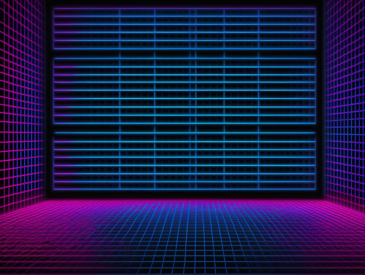 linear empty column grid. neon glow. blue. pink. 6 by 6
