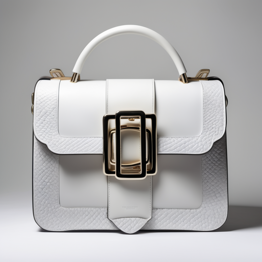Surrealism inspired luxury leather bag with flap and metal buckle - White shades - frontal view