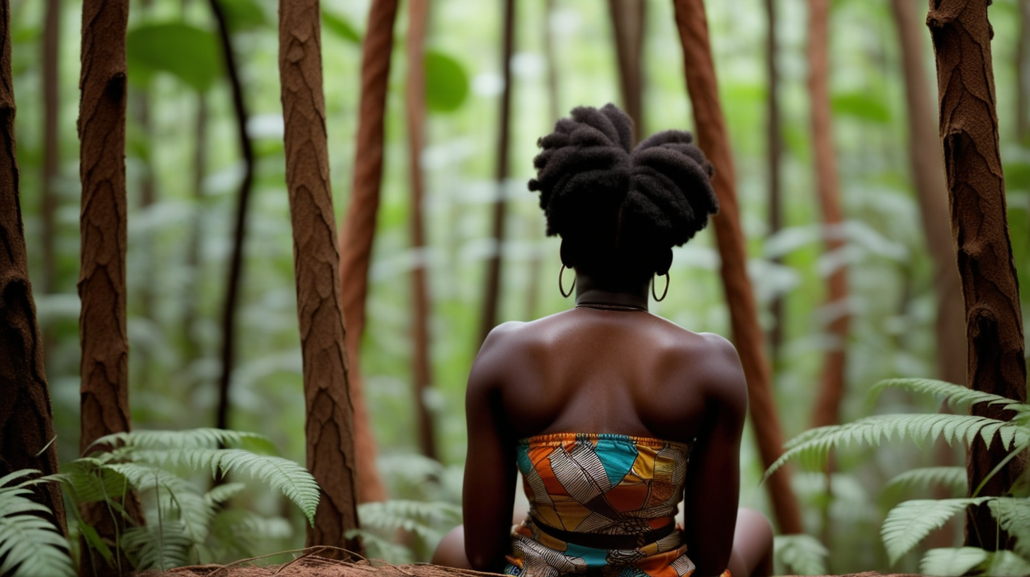 an image from behind a black woman sat in a forest in africa