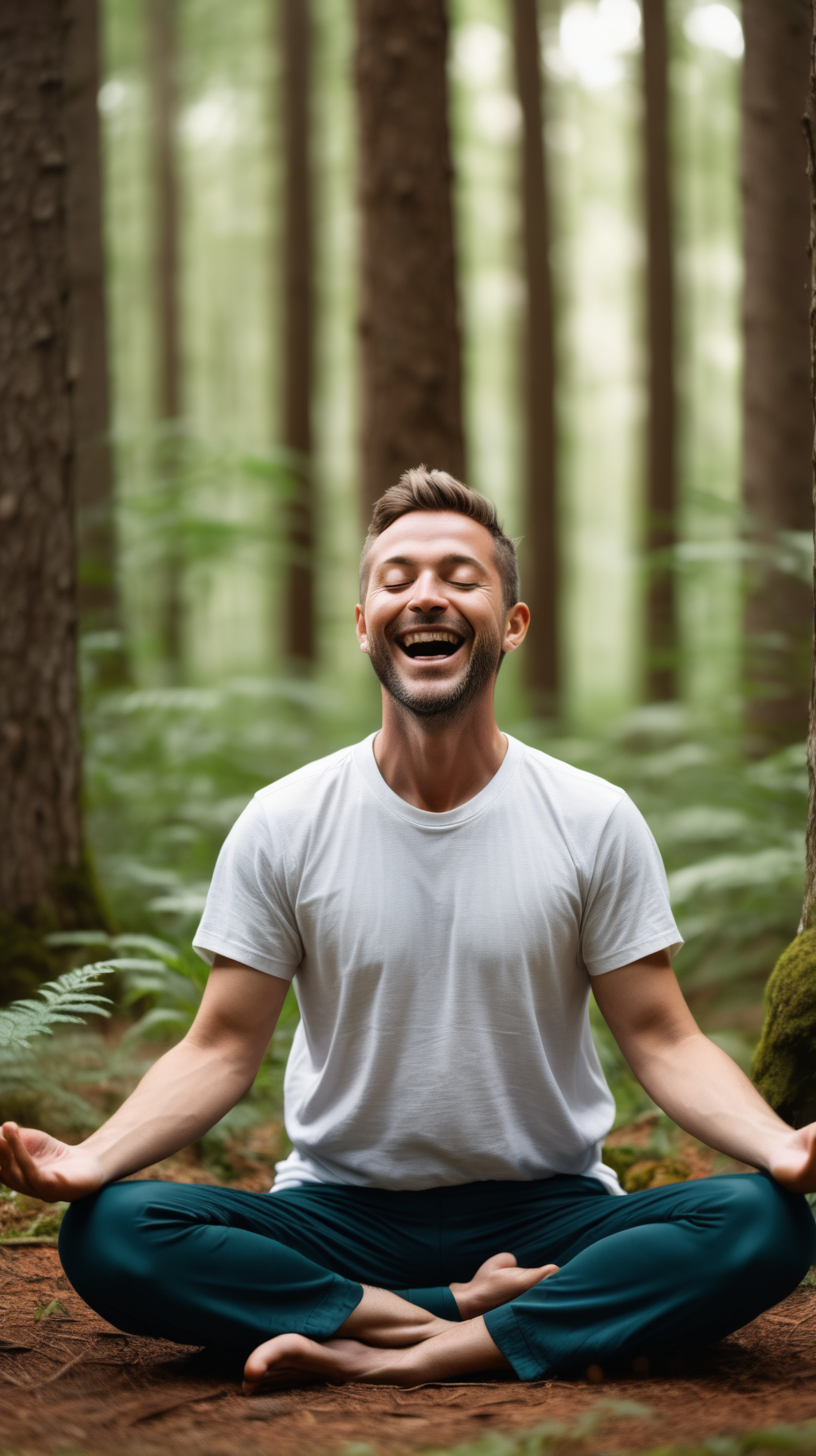 Man meditating in forest looking very happy