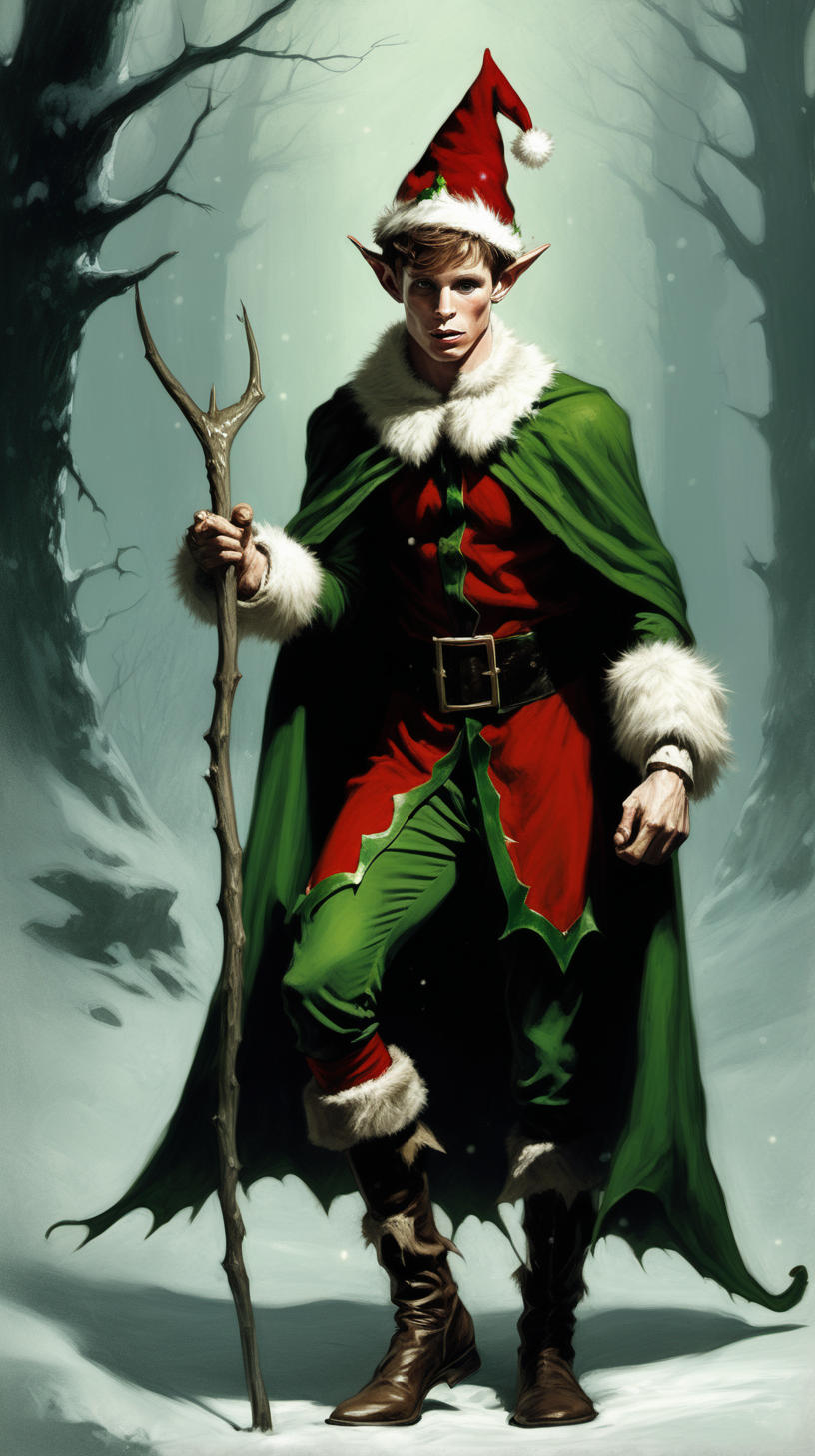 Create a dark fantasy art illustration,  frank frazetta style, of Eddie Redmayne wearing a Christmas elf costume.