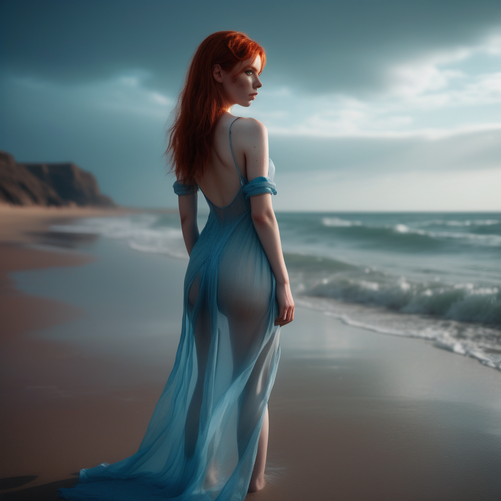 A photo of a cyberpunk beach. Only one girl is standing, She has her back to the camera and turns her head looking towards the camera. The girl is wearing a long Translucent alluring dress that reveals her body curves. a short blue dress what is made of a fabric which allows her skin to be seen through. redhead straight hair. She is looking back at the viewer with a sugestive look (almost inviting us to be there). The lighting in the portrait should be dramatic. Sharp focus. A perfect example of cinematic shot. Use muted colors to add to the scene.