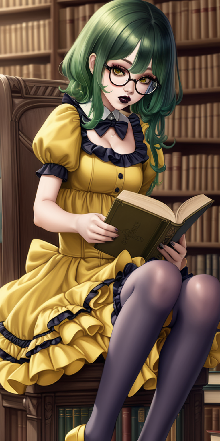 Anime woman with dark green hair and large lips with dark lipstick and heavy makeup wearing a frilly yellow dress, stockings, Mary Jane heels, and glasses. Vacant expression. Sitting in a library. Holding a book.