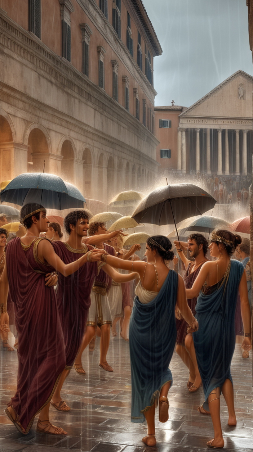 in ancient rome, people dance in the street under the rain