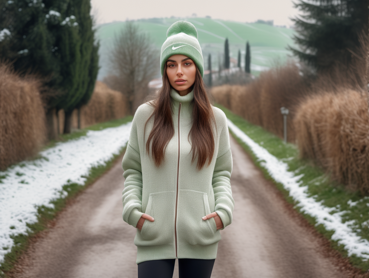 high texture ultra realistic photo of an Italian pretty woman, beanie, winter outfit, white nike sneakers, standing on a path, snowy winter day in the countryside, pastel green and brown colors --ar 2:3
