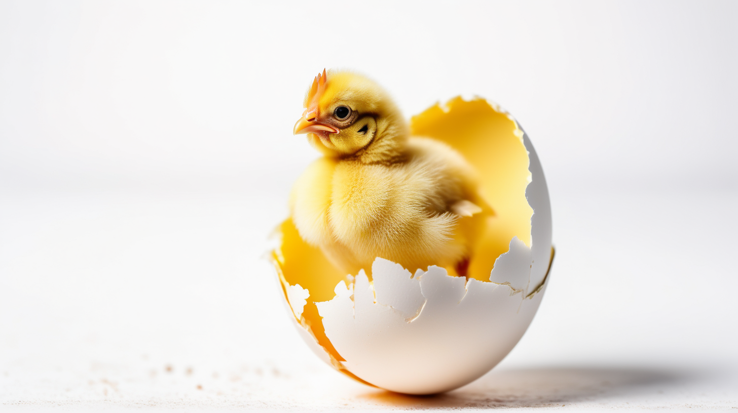 small yellow chicken in a egg shell on a white background, copy space