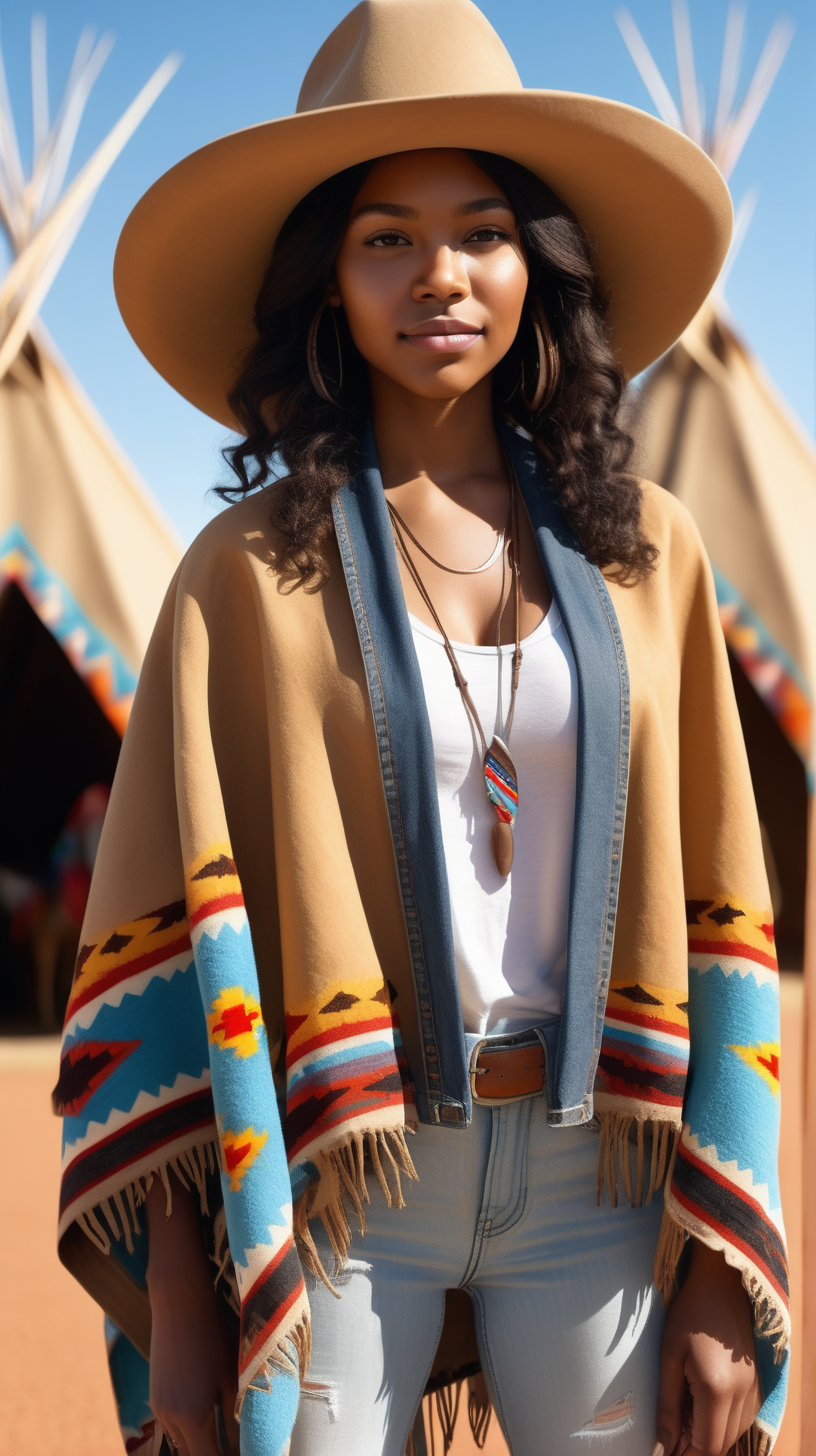 Beautiful young black woman, wearing a wide brim buffalo hat, a camel tan modified Stetson Jacket, wearing light blue denim jeans, with a colorful navaho print blanket, across her shoulders, in bright sunshine,  with tee pees in the back ground, in ultra 4k, high definition, full resolution