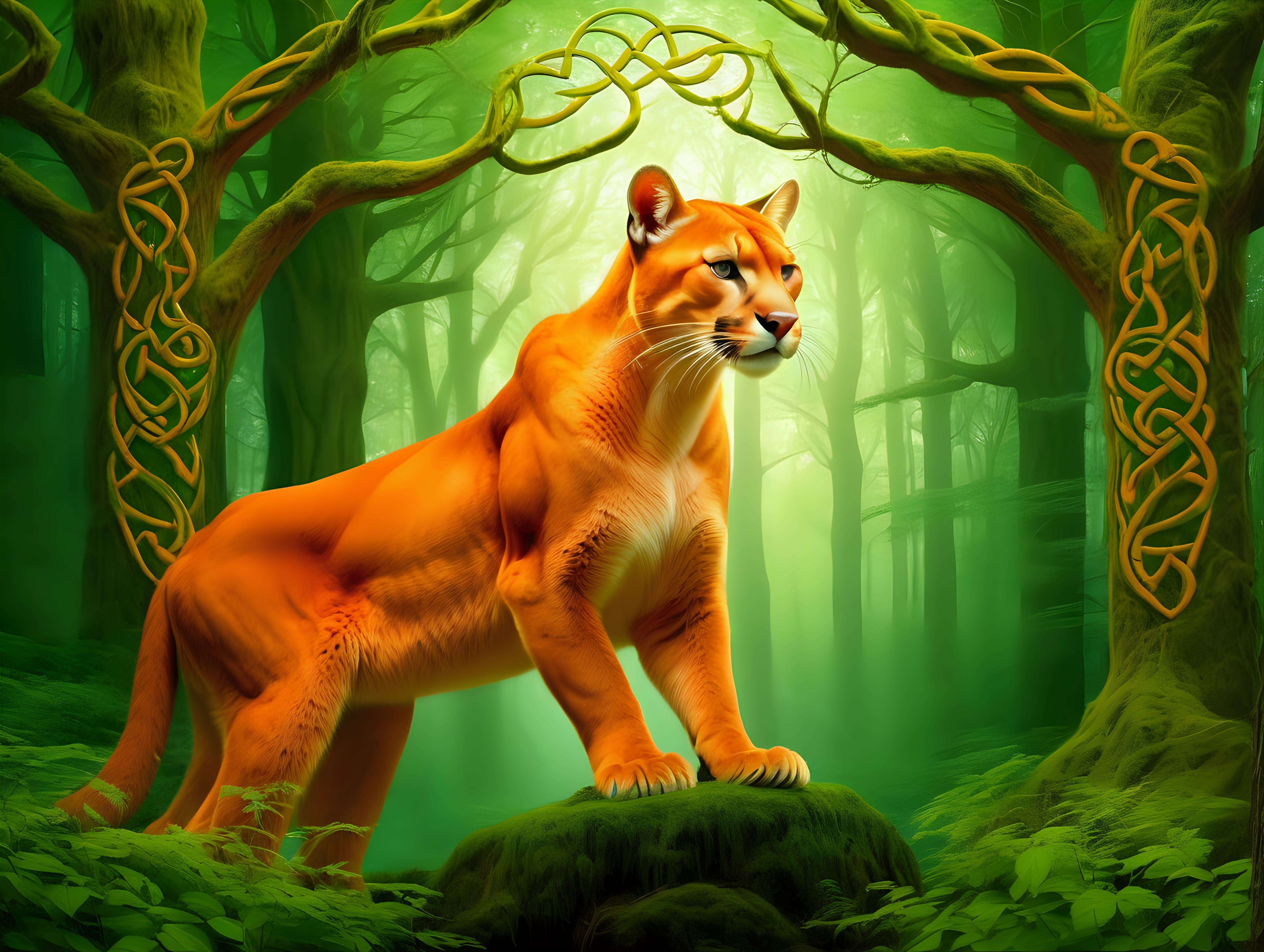 Magic green celtic forest. Big orange cougar with the diadem.