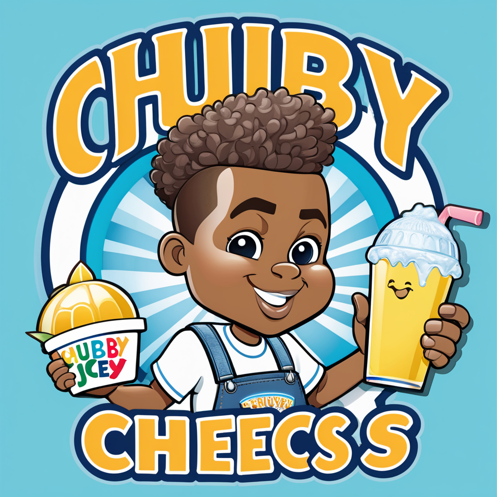 Creat an image of a stylized 3 dimensional emblem with resemblance to a badge or seal. The emblem features the words “Chubby Cheeks Iceys” in bold raised lettering. The central image is a cute African American boy with a curly high top fade holding one italian ice in a clear cup and one lemonade 