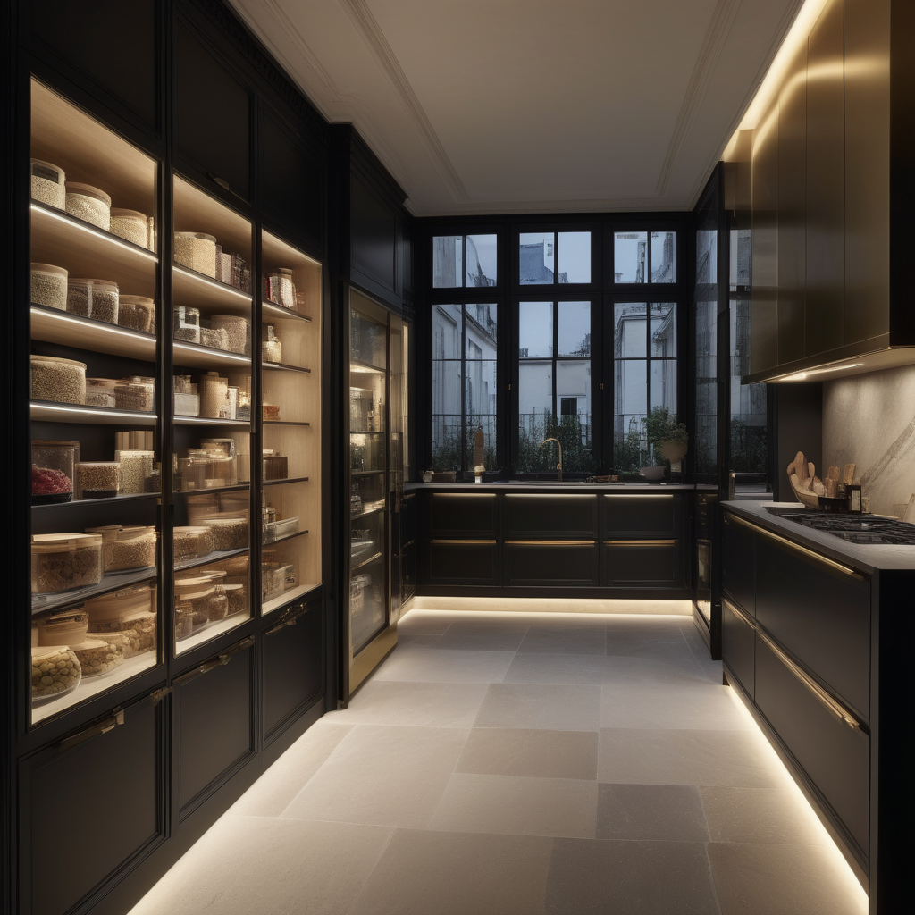 hyperrealistic of an elegant modern Parisian pantry at