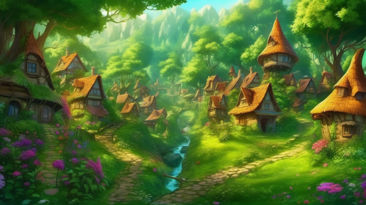 a village in a magical beautiful  lush green enchanted forest