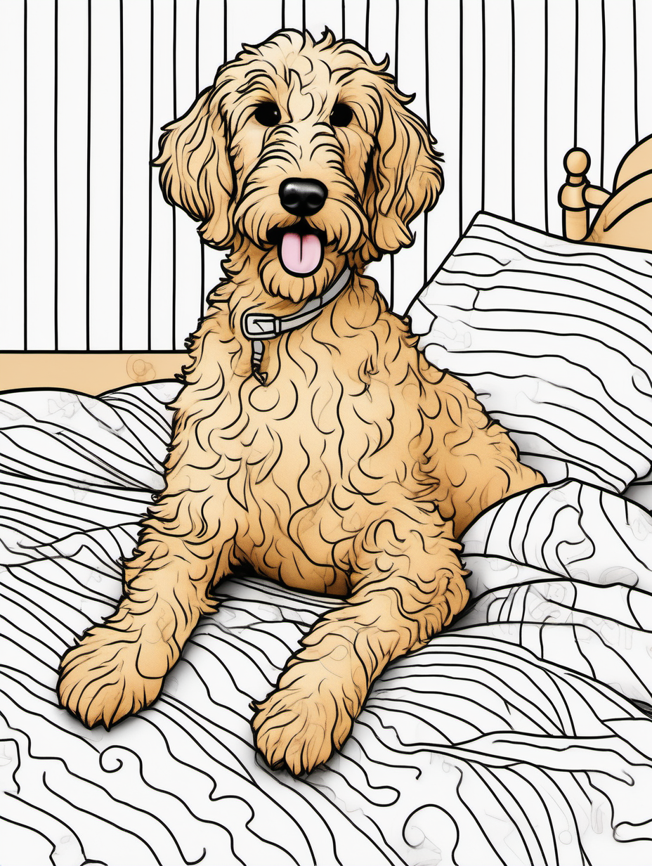 Cute female golden doodle stretched out on her  bed wearing whimsical sleepwear for a coloring book with black lines and white background