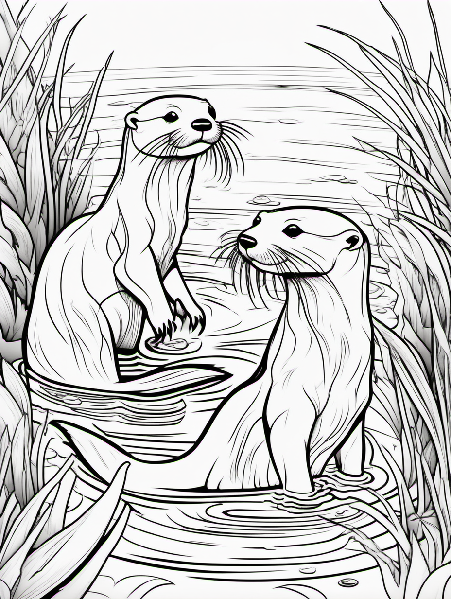 otters in water, coloring page, low details, no colors, no shadows