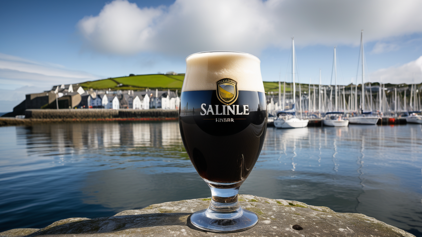 irish stout beer in glass without a logo with an Kinsale harbor in the background with sailboats
