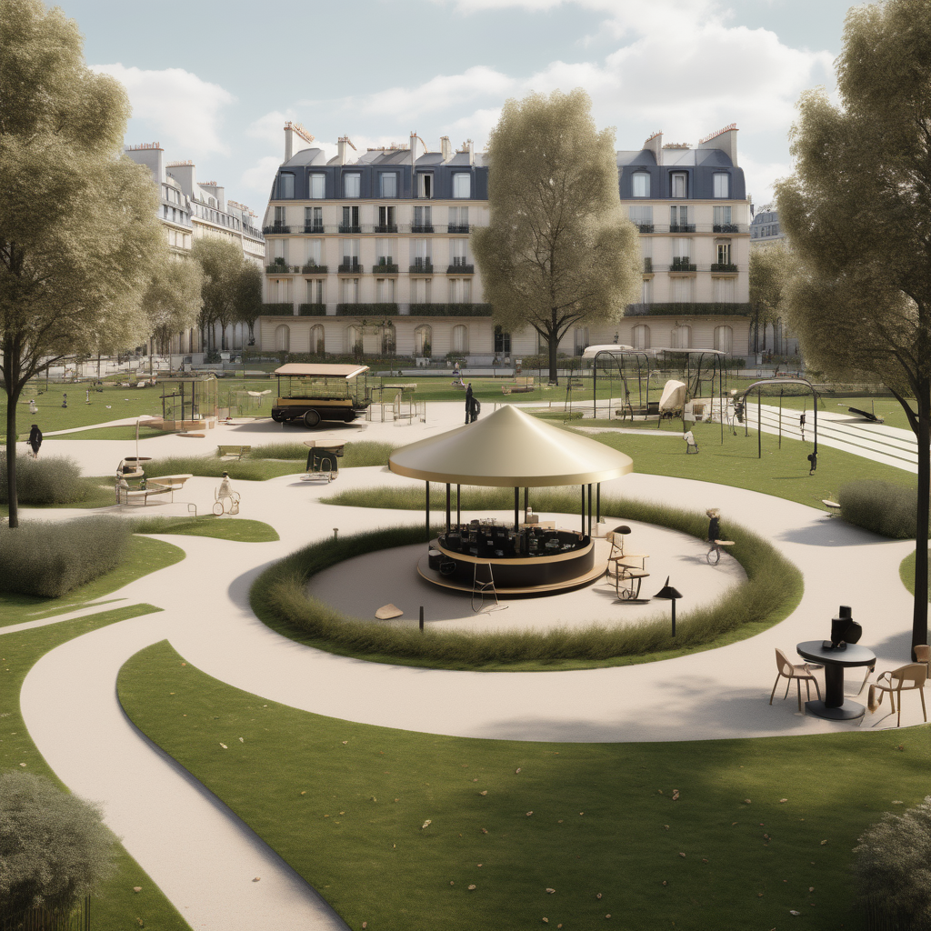 hyperrealistic modern Parisian park with coffee cart, sprawling lawn and playground; beige, oak, brass and black colour palette

