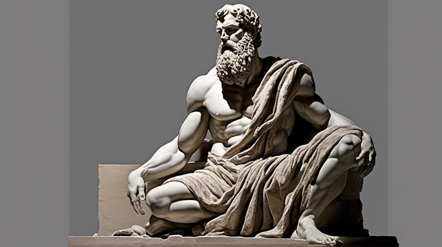 ﻿
Image of a full-body statue depicting a muscular, bearded man sitting at stone. The statue should be in the style of ancient Greek art, characteristic of Stoicism. It should feature clothing elegantly draped over one shoulder. The background should be dark, highlighting the statue as the central element. The statue must demonstrate exceptional
craftsmanship, with intricate details visible in the facial features and attire. The image should have a dramatic feel, achieved through the interplay of light and shadow. The perspective should be a wide shot.