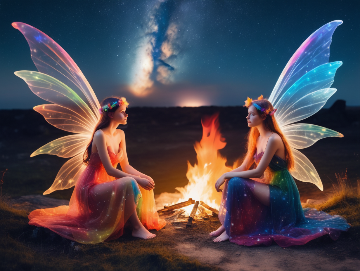 2 female fairies with large colourful transparent wings and a colourful open front loose dress sitting next to a fire looking at the milky way on the moon
