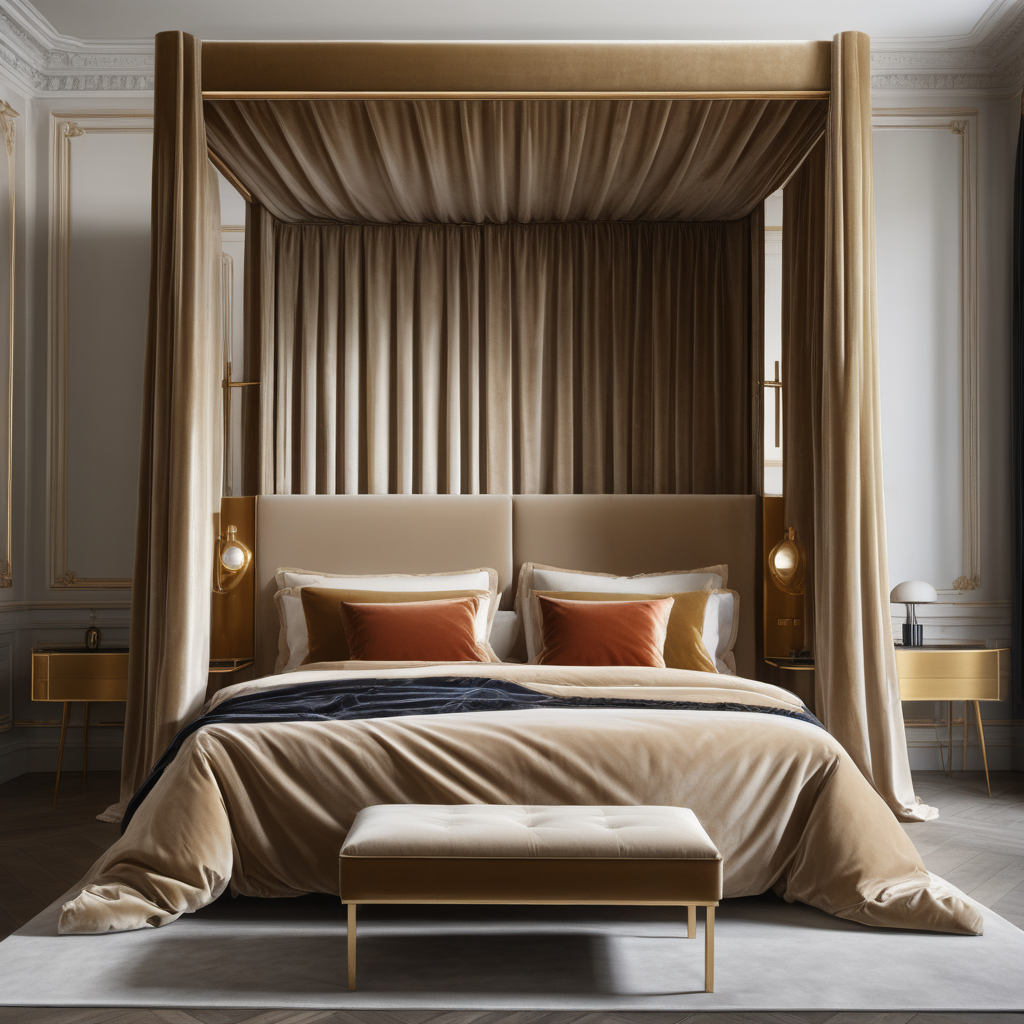 a hyperrealistic image of a velvet modern Parisian  king bed with canopy in oak , beige and brass 
