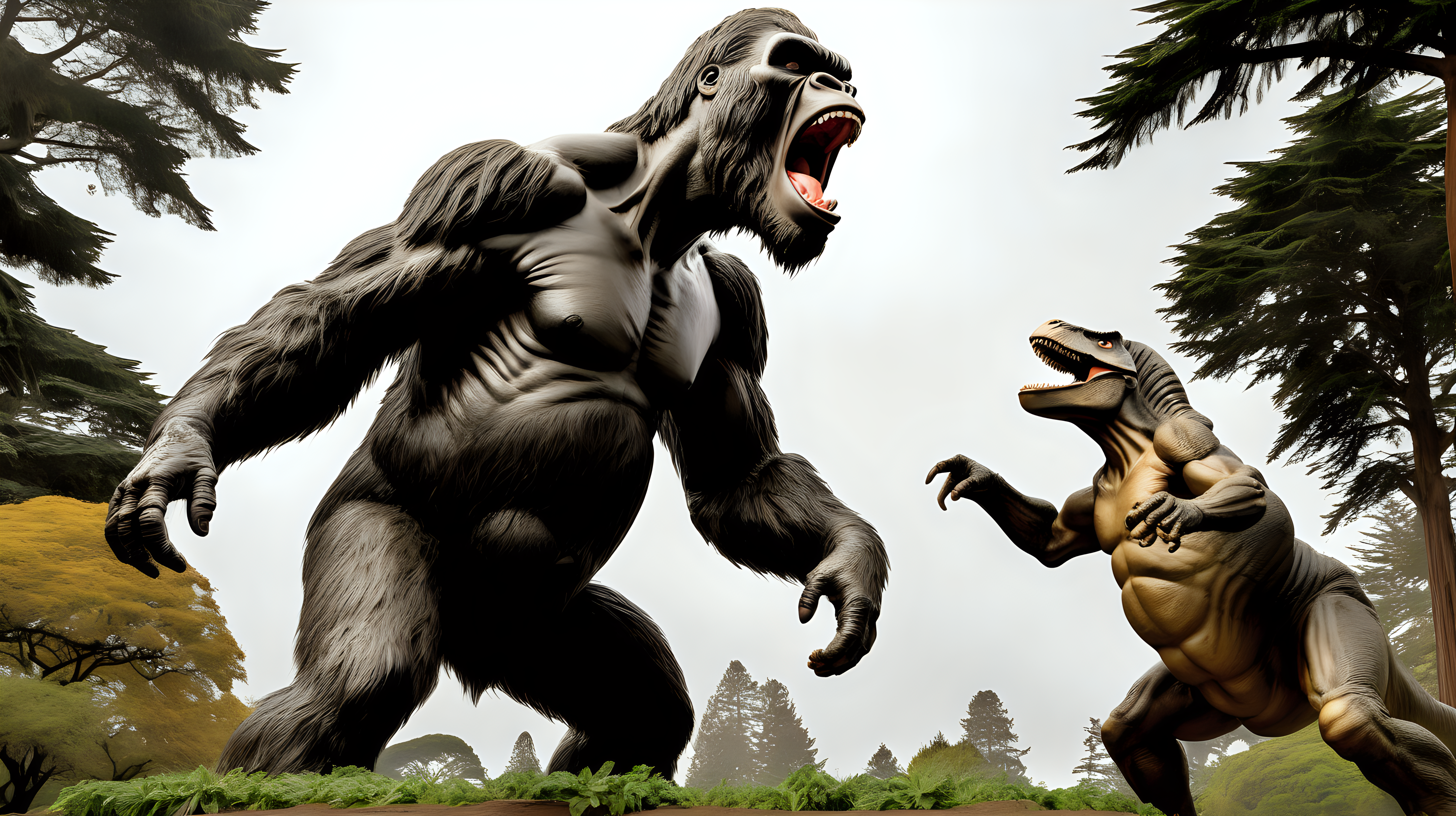 King Kong fighting a Tyrannosaurus Rex in Golden Gate Park