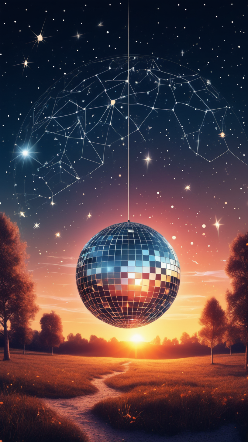 A sunrise in a magical land. Instead of the sun, a disco ball. Constellations on the sky
