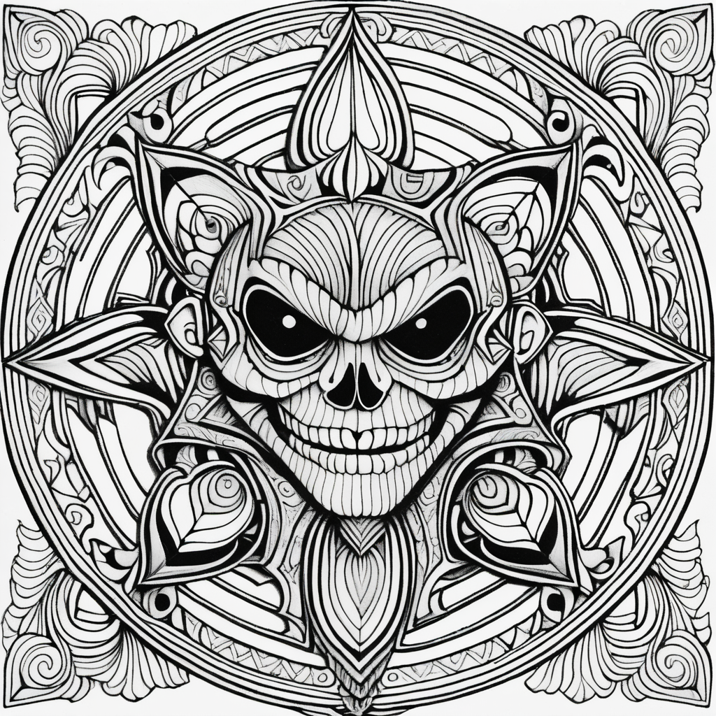 adult coloring page, black & white, strong lines, high details, symmetrical mandala, evil gothic puppet master