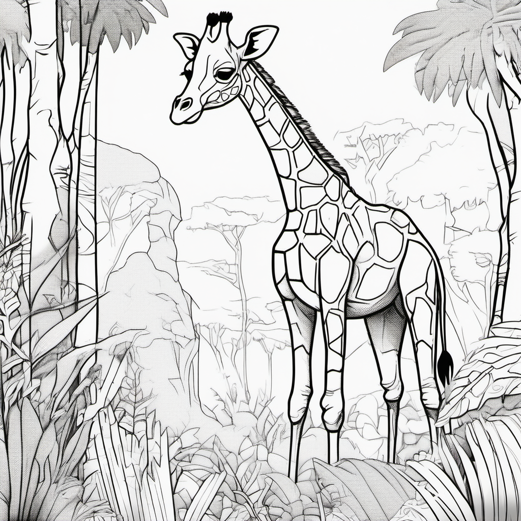 /Imagine colouring page for kids, Giraffe rex in a jungle, Thick Lines, low details, no shading --ar 9:11