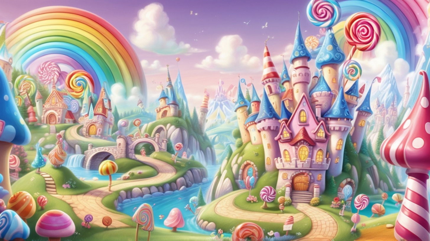  in cartoon storybook fairytale style, a magical dreamland, similar to CandyLand