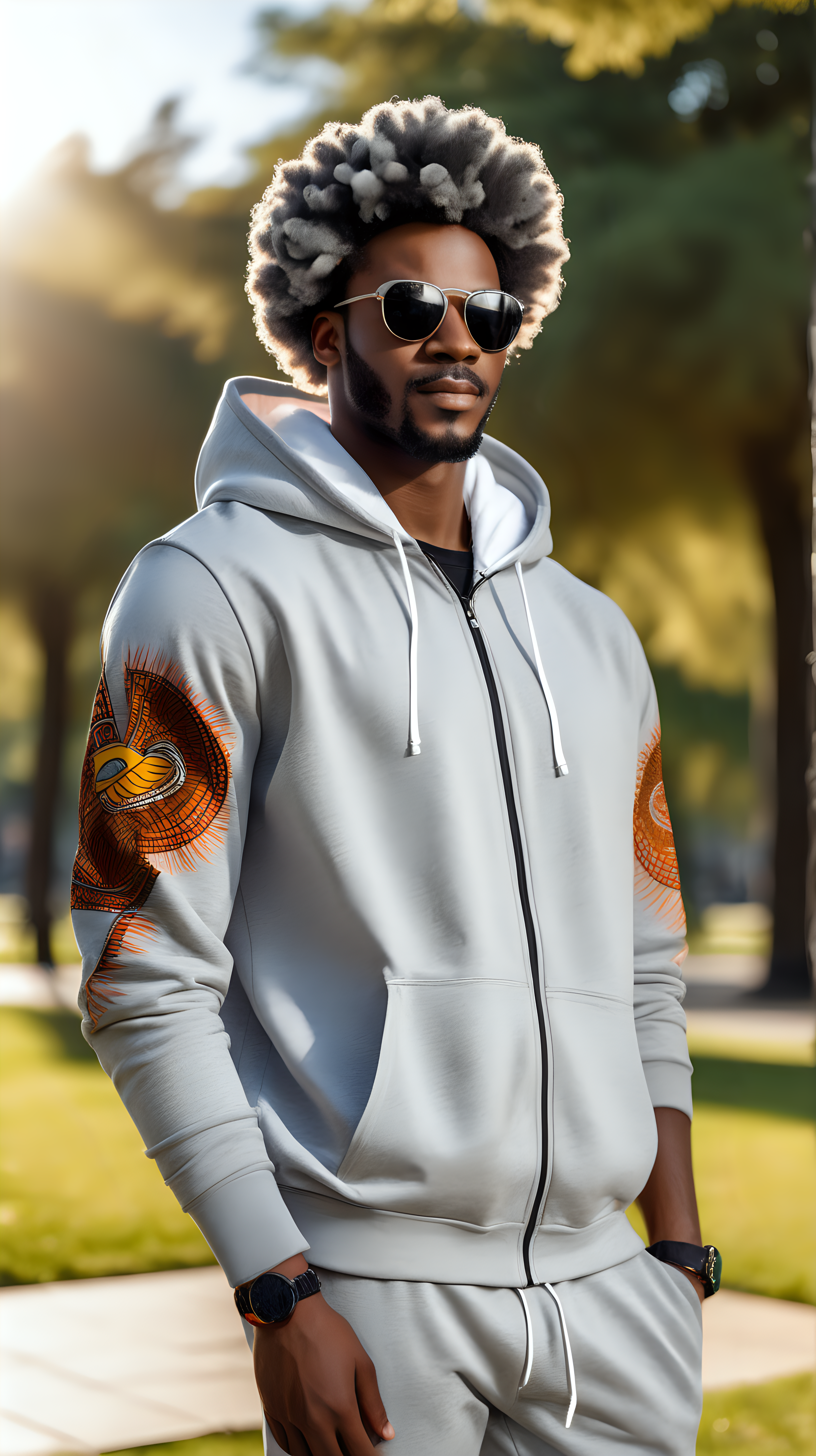 Handsome black man, wearing an african print headwrap, wearing a stylish afro, wearing big shades, wearing a light grey, zip-front, hooded sweatshirt, with asmall Phoenix on the left breast area, wearing a white tee shirt, wearing light grey sweatpants, standing in a park, bright morning sun, 4k, high definition, full resolution