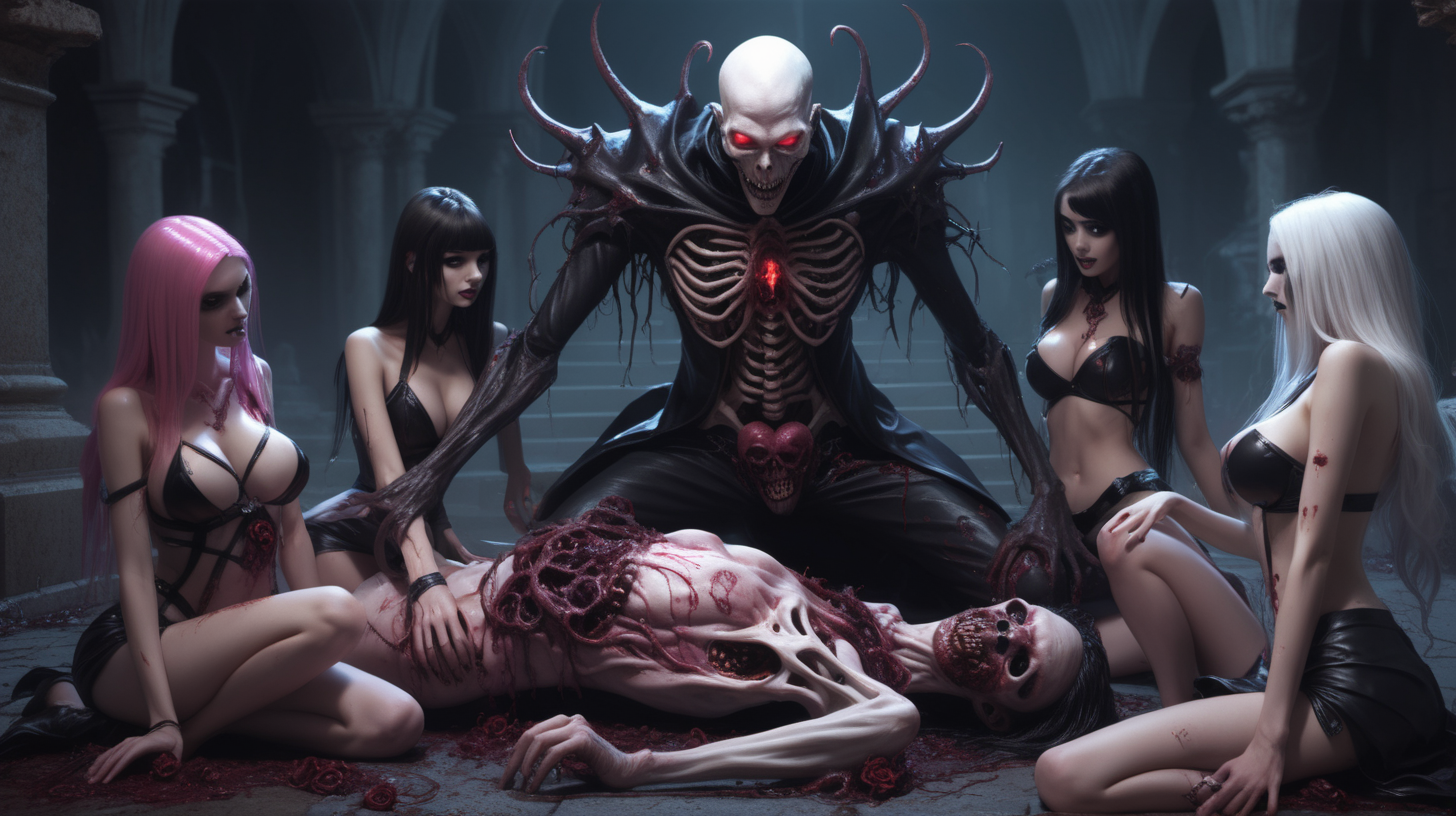 A writhing man on the ground surrounded by sexy necromancer girls. His heart has become a grub and is coming out of his chest.