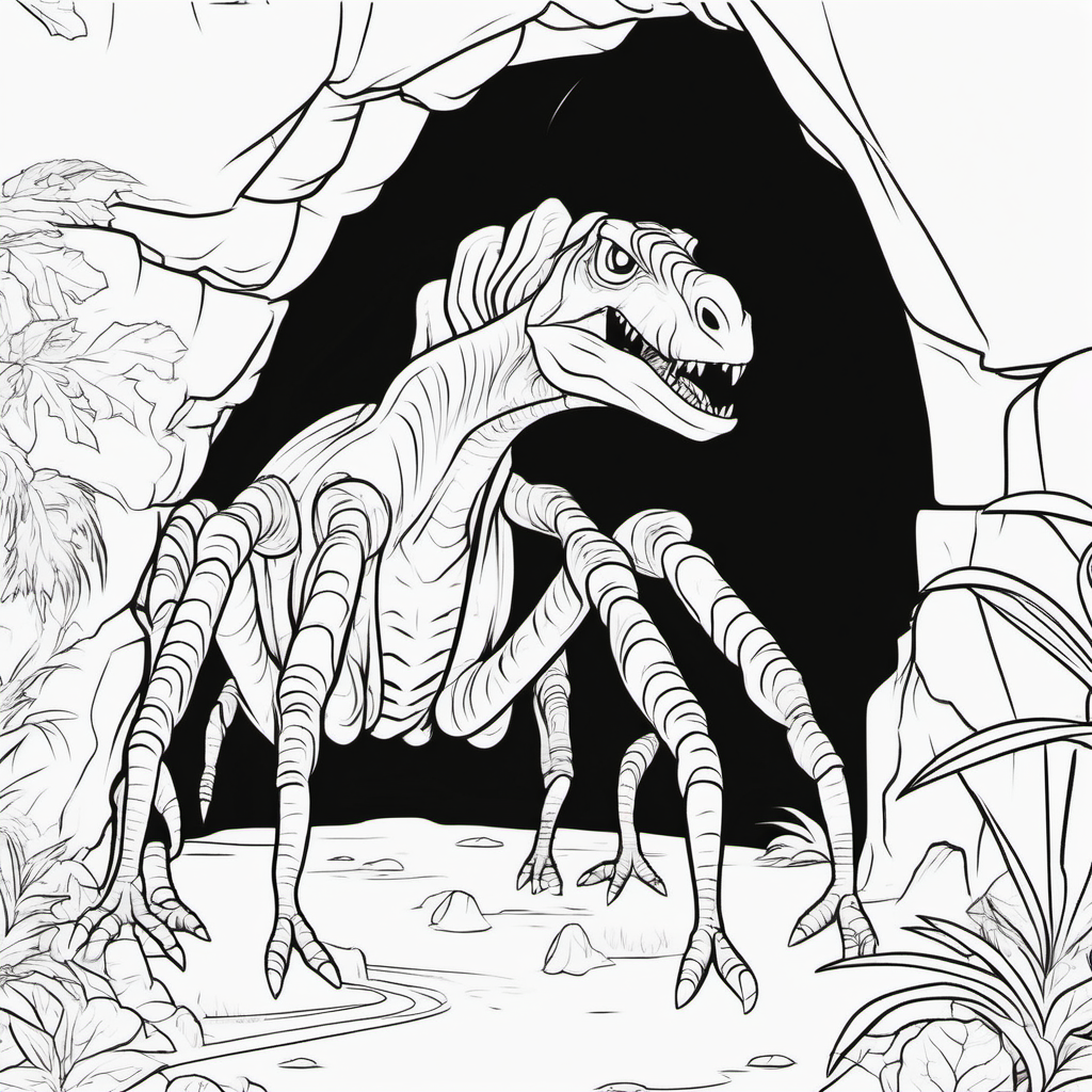 A dinosaur spider in a cave coloring book