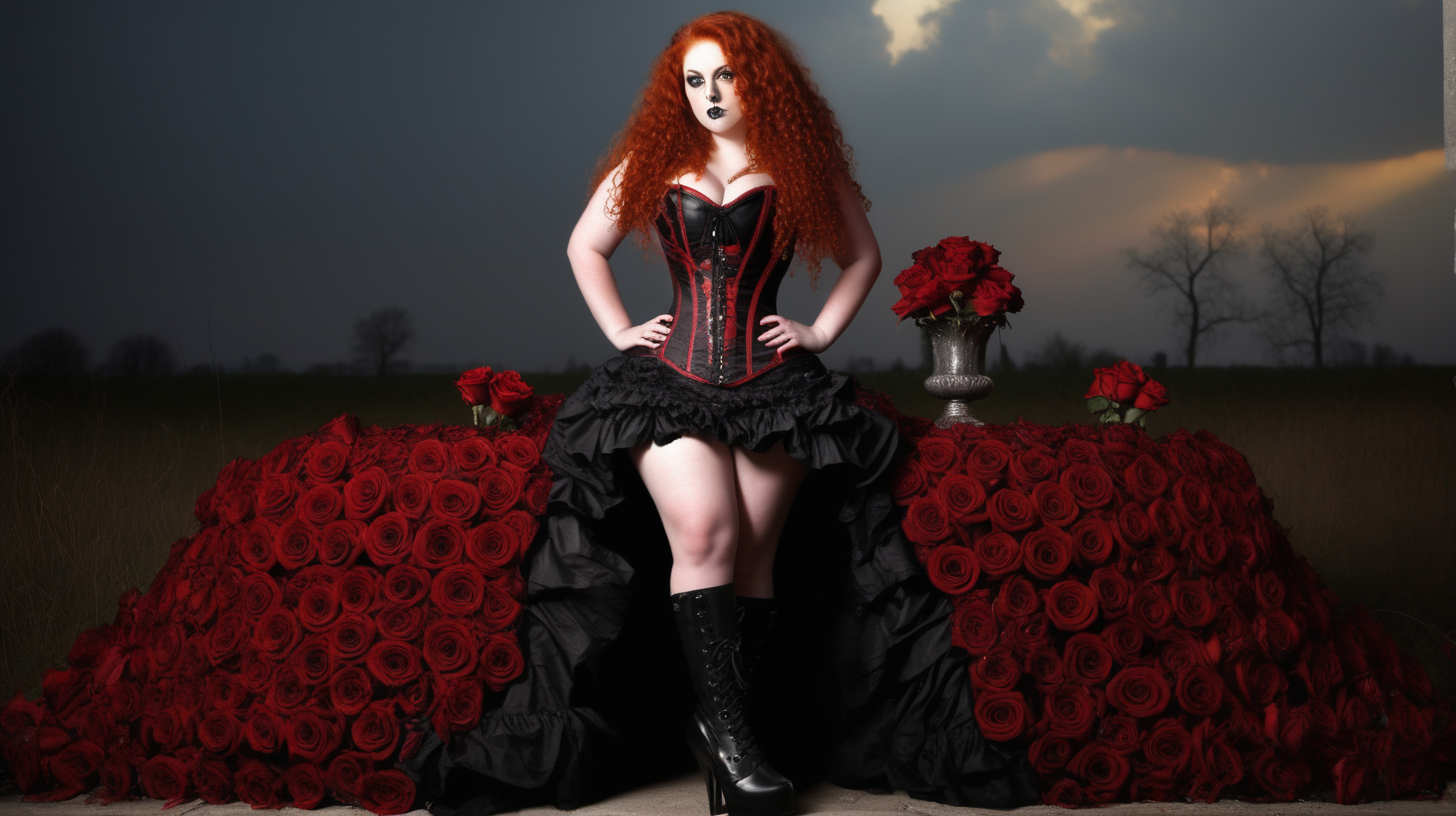 SLR quality. 30 yr old woman. 5ft tall size 18 clothes. Long red curly hair. Black and red corset dress. Plus size. Black high heel boots. Fire skulls roses