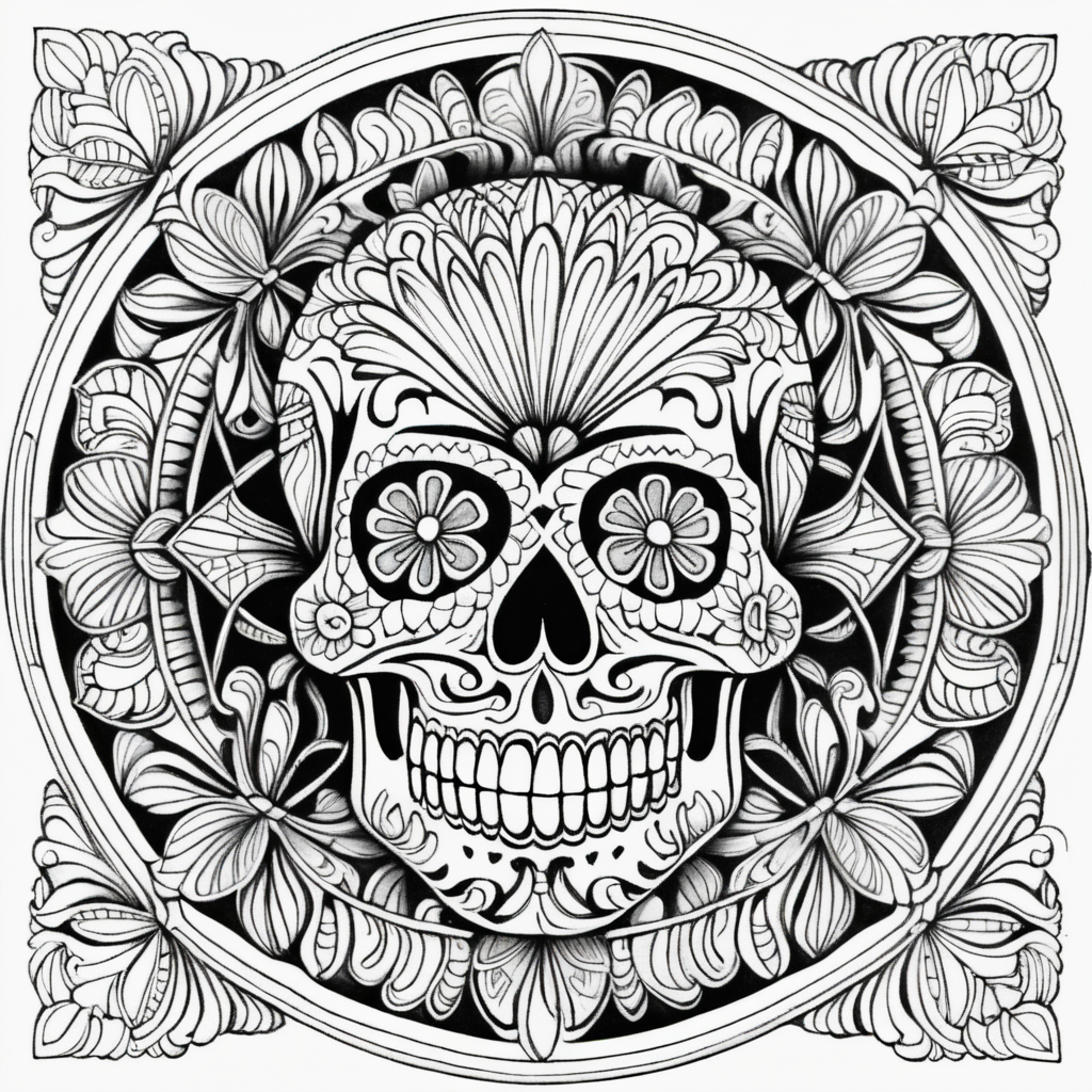 adult coloring page, black & white, high details, symmetrical mandala, string lines, day of the dead, candy skull