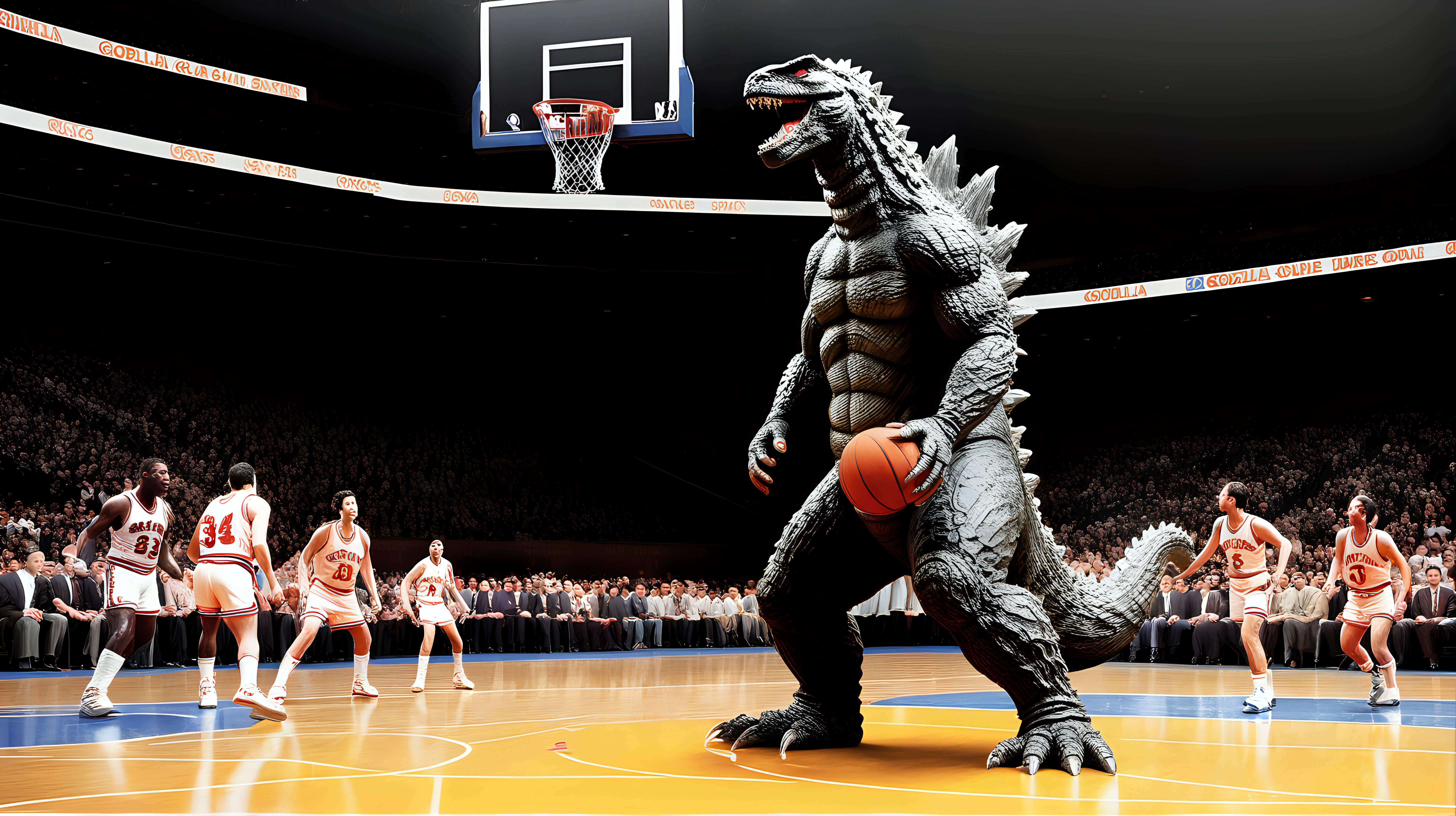 Godzilla playing basketball in Madison Square Garden