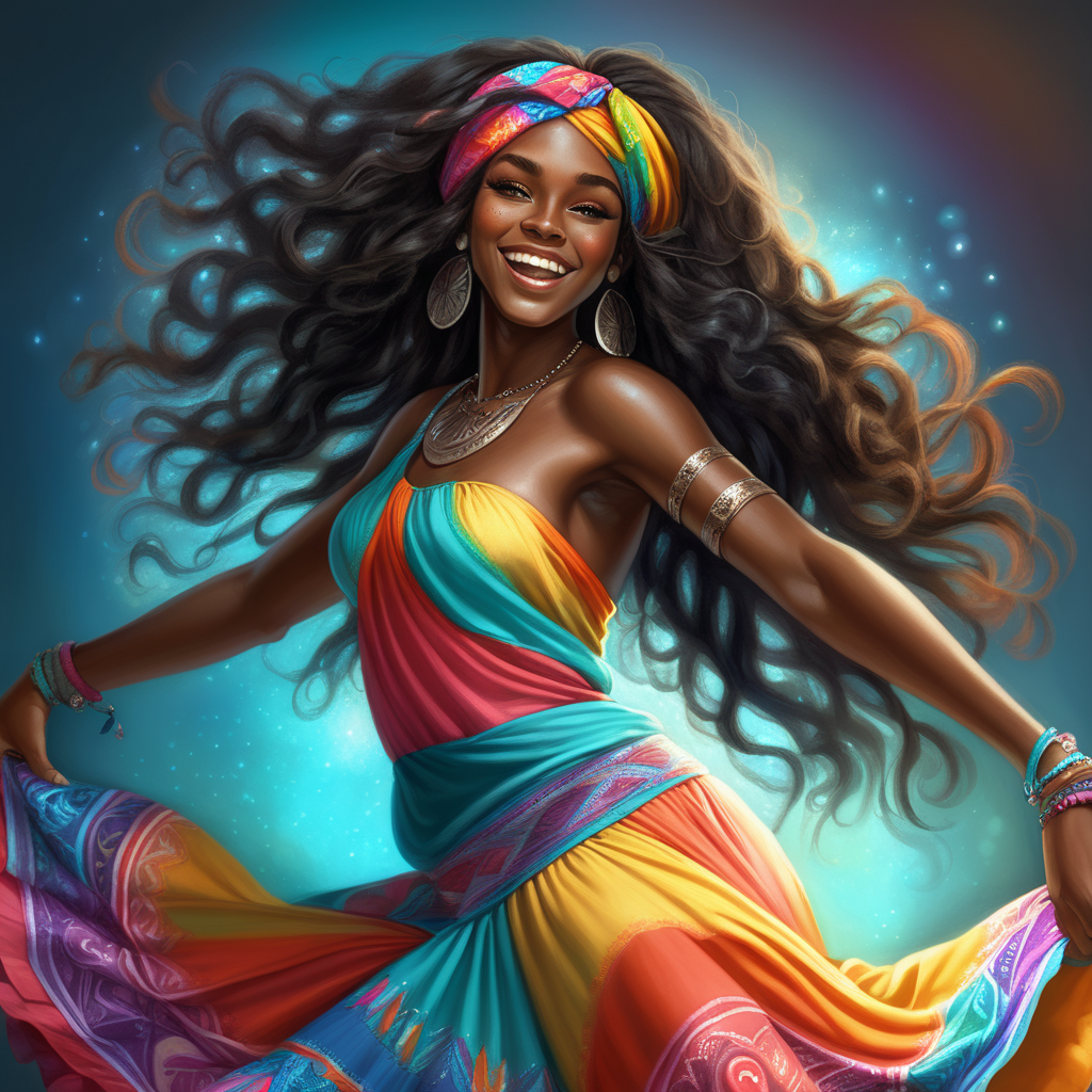 Beautiful dark skin black caribbean woman with long hair with a bandana and colorful flowing dress smiling at camera while dancing  in fantasy art style