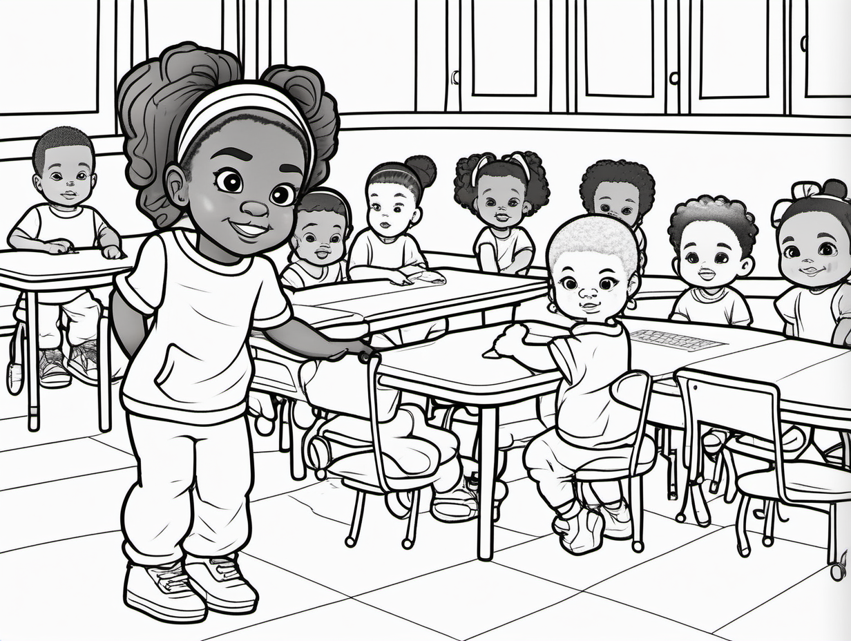 create a outline coloring page of an african american chibi toddler girl standing and pointing to her shapes on the board wearing a sweat suit and sneakers with her hair in a updo ponytail there are other chibi toddlers watching as they are sitting with their legs crossed on the floor the setting is a pre-school classroom
