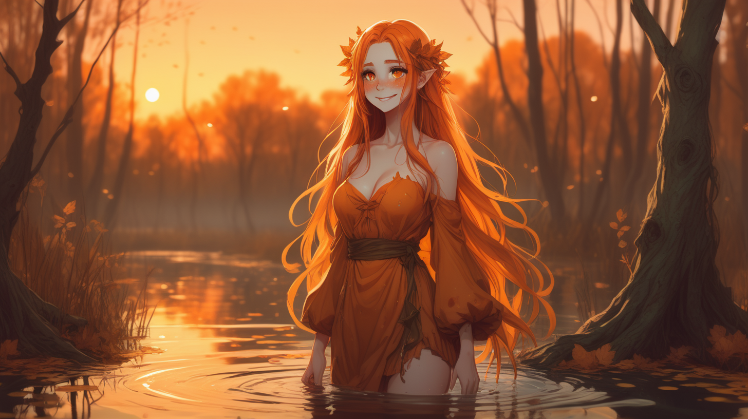 Orange sunset themed beautiful cute comforting shy dryad waifu in an autumn swamp smiling freckles amber eyes majestic happiness long hair  full body walking on water