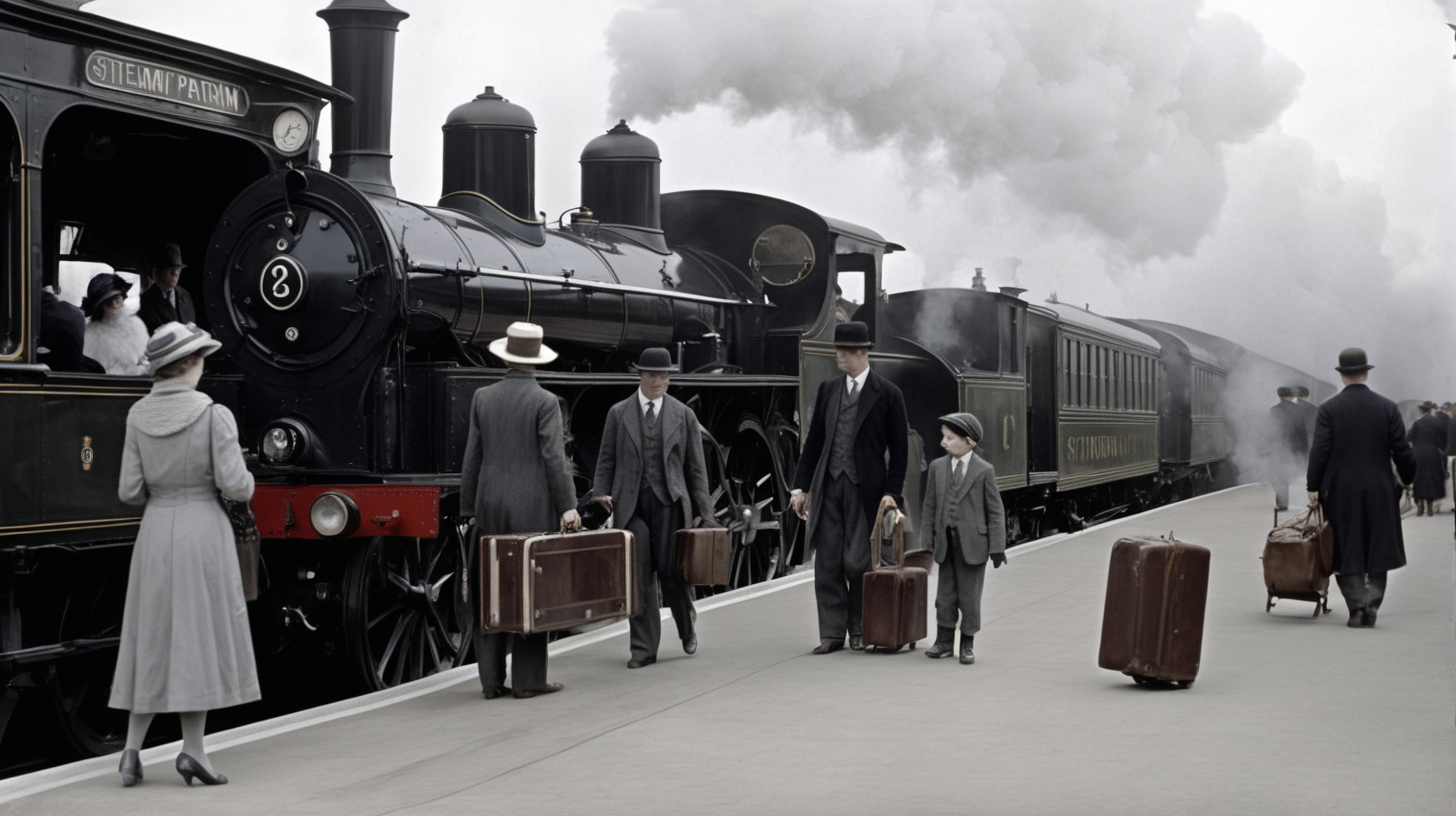train a vapeur entrant en gare, quai à droite, passagers habits 1920, poussettes, chariot avec valises