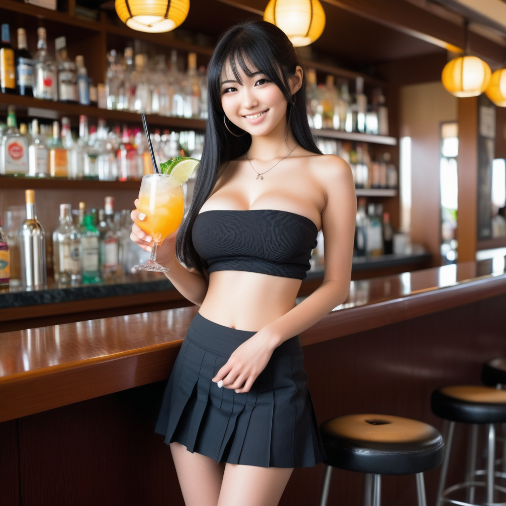 A beautiful, petite, slender, seductive sultry Japanese 18 year old girl, 32DDD breasts, long black hair, tube top, short skirt, smile, sunny, breezy, bar, holding cocktail