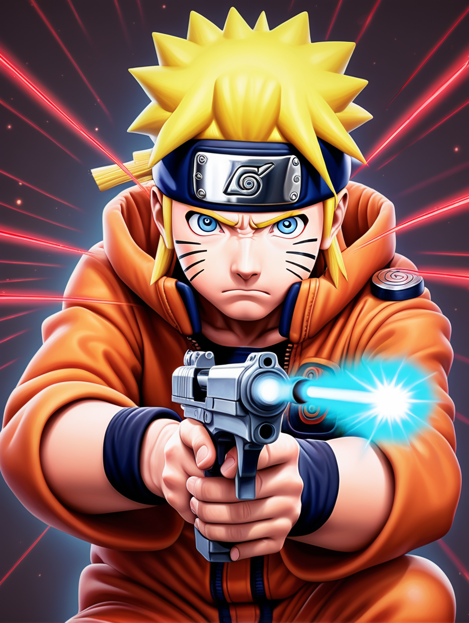 funny portrait of Naruto with a laser gun