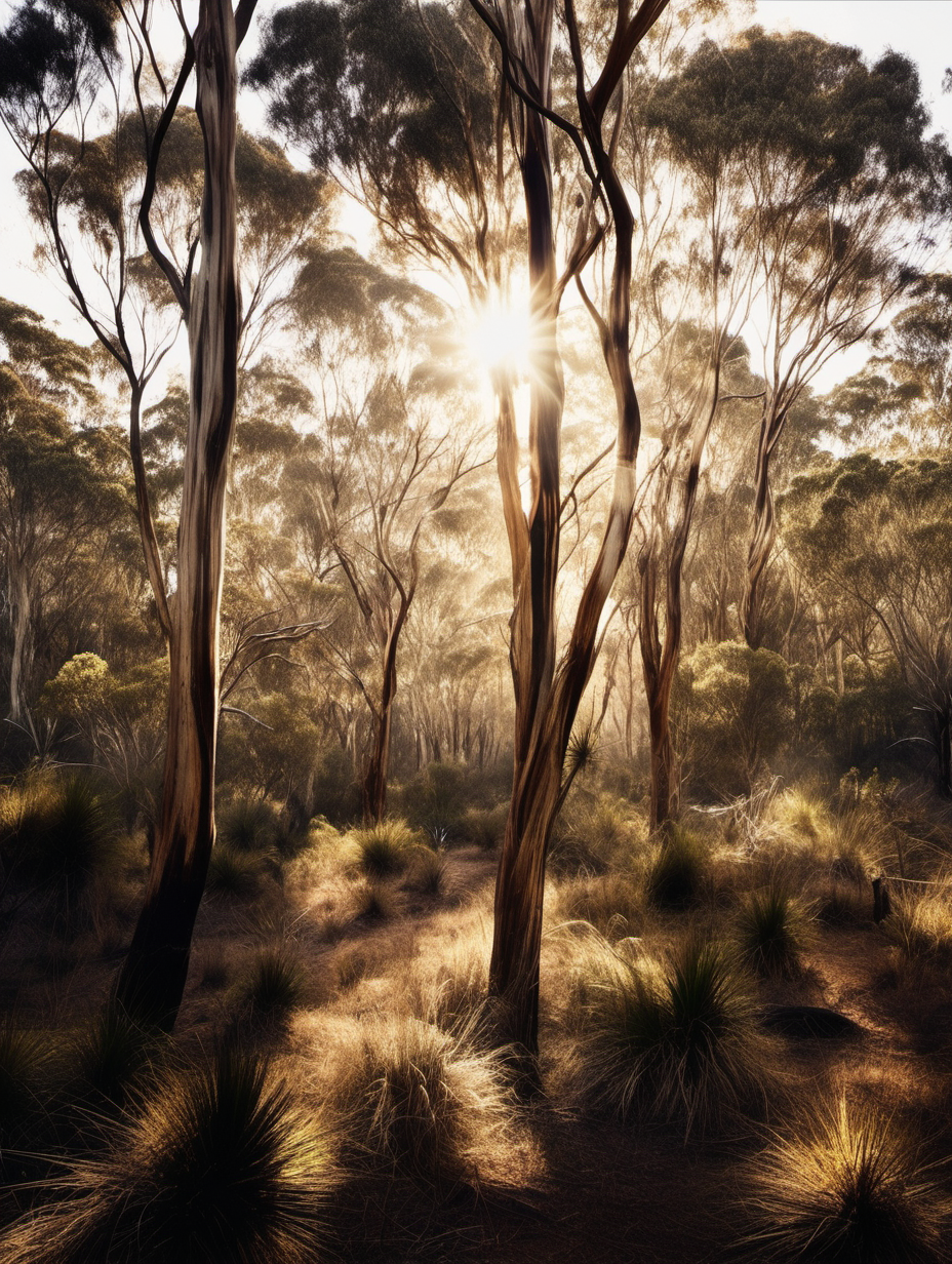 AN ARTISTIC BACKLIT PHOTOGRAPH OF A NATIVE AUSTRALIAN BUSHLAND. LIGHT AND AIRY IMAGE. 