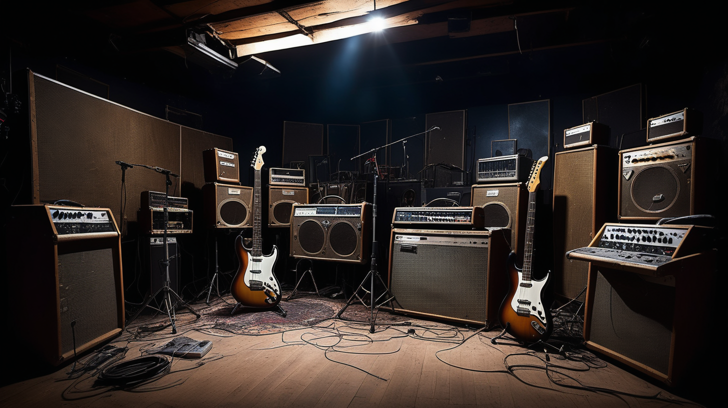 Old worn out music studio with vintage amplifiers