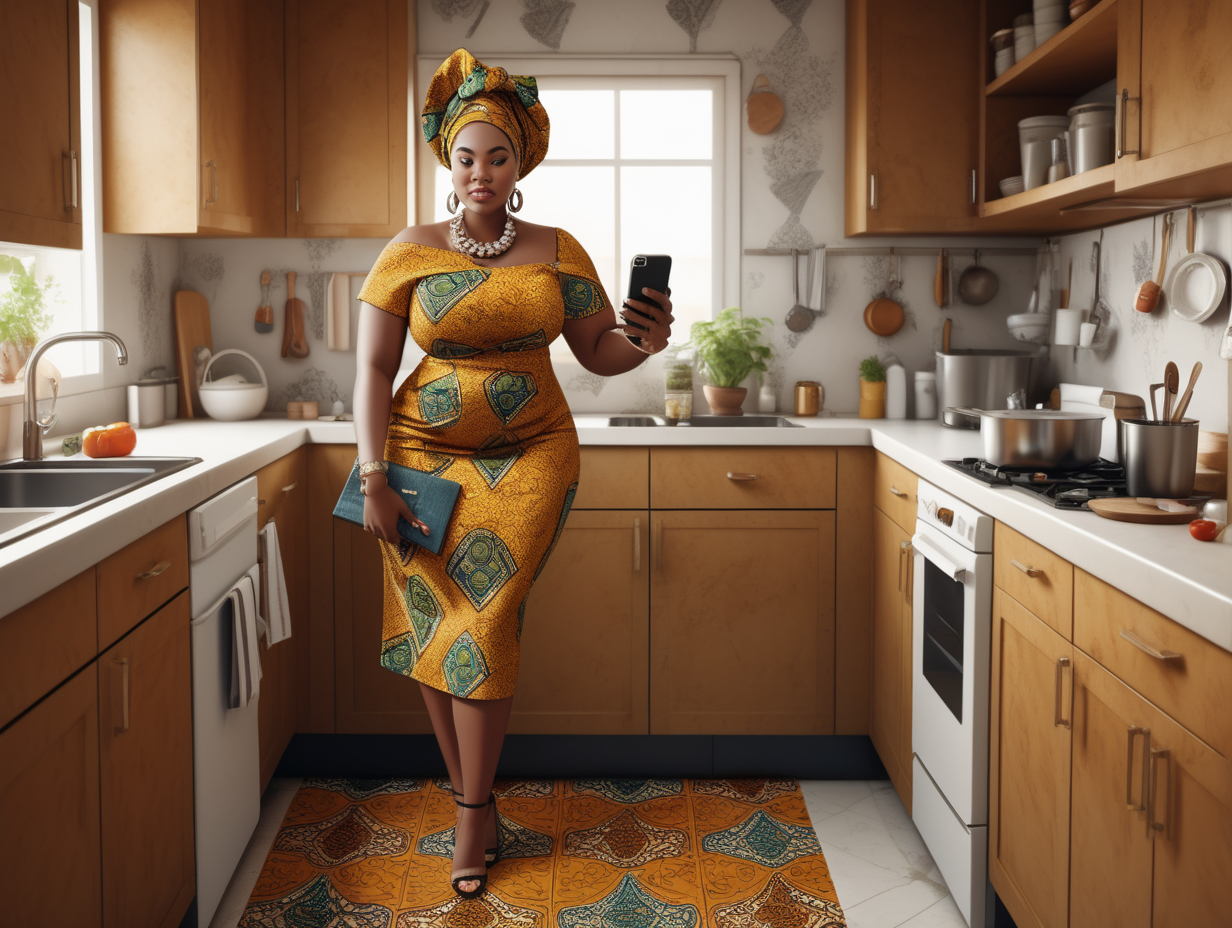 A full body realistic image of a  curvy stylish female wearing african brocade dress with headtie wearing flat shoes  there is a dishes around kitchen sink and she is cooking and her phone is on the counter and a calendar on the wall  her kids are by her side 