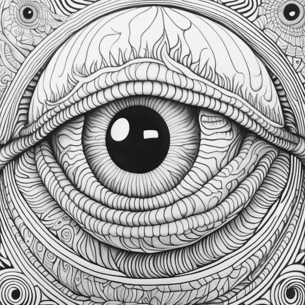 adult coloring book, black & white, clear lines, detailed, symmetrical earthworm eyeball