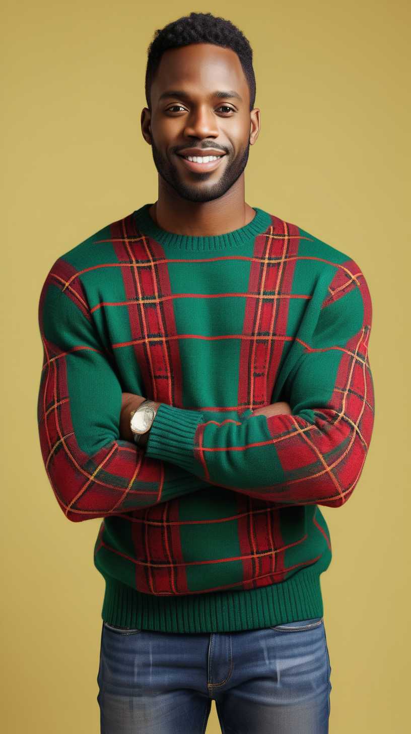 An attractive black man, wearing a Kelly Green knit sweater, wearing a red plaid shirt, wearing a pair of faded blue denim jeans,  red and green christmas ribbons are tangled around his arms and body,  with a light yellow background, 4k, high definition, ultra high resolution full detail from the waist up