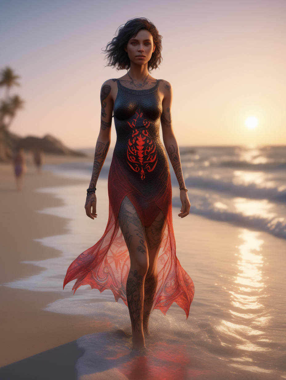 ultra-realistic high resolution and highly detailed photo of a female human, with black scales growing on her body, she has red draconic symbols carved into her arms and body, wearing a colourful transparent summer dress, walking in the sunset on a beach facing the camera